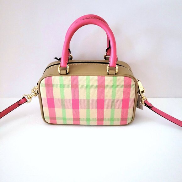 Coach CBI90 Satchel Crossbody Plaid Canvas Leather Small Handbag Pink Multi - Picture 4 of 7